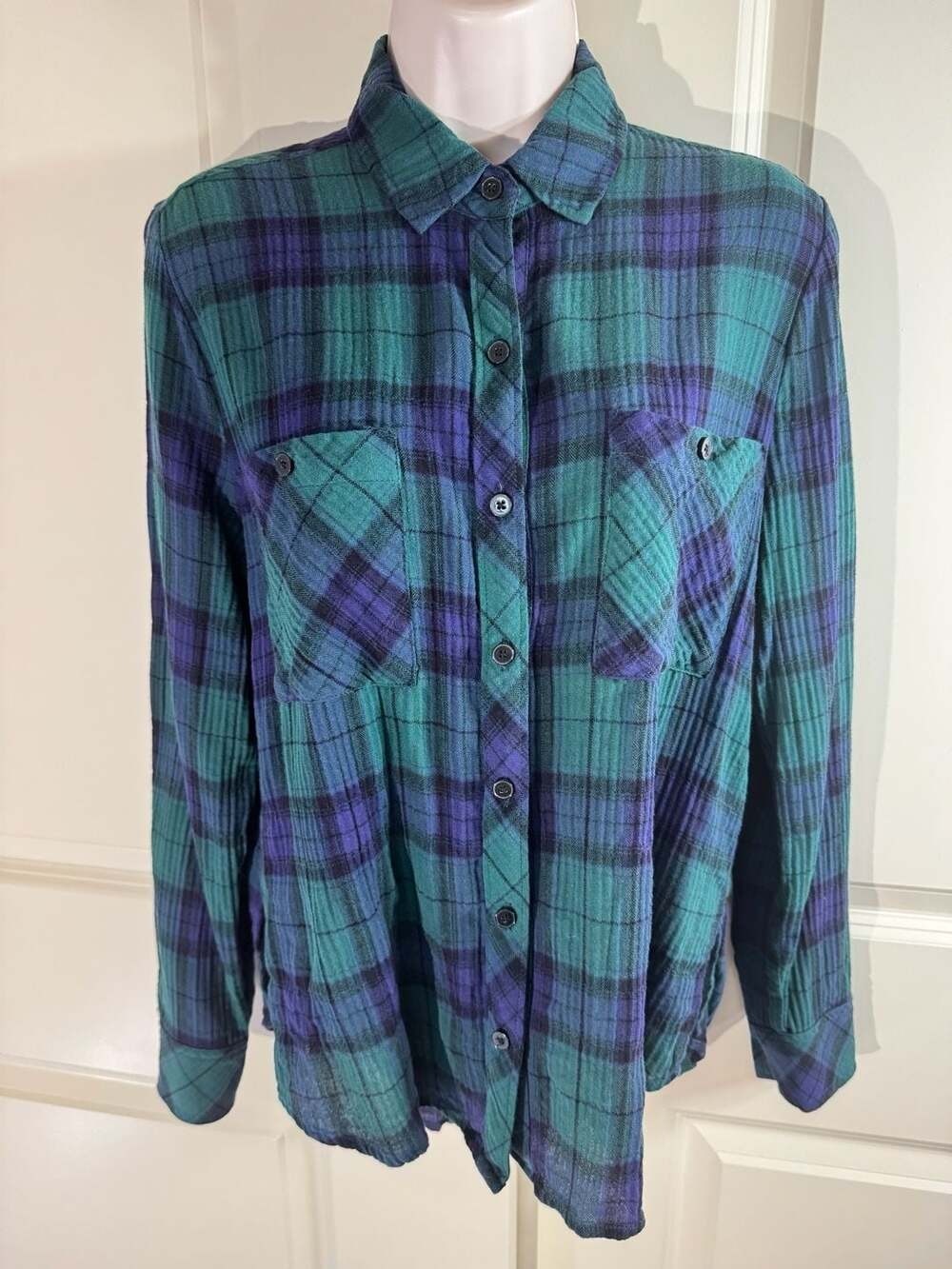 Lucky Brand Women's Size S Green Blue Plaid Long Sleeve Button Down Shirt